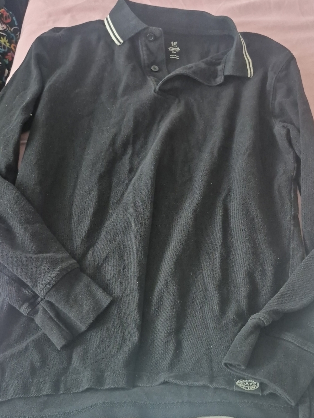 GAP Black Long-Sleeve Polo with Contrasting Collar Stripes